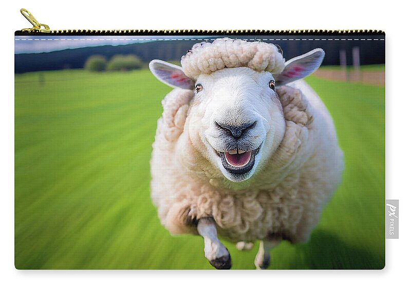 Sheep Zip Pouch featuring the digital art Happy Running Animal 01 Cute Sheep by Matthias Hauser