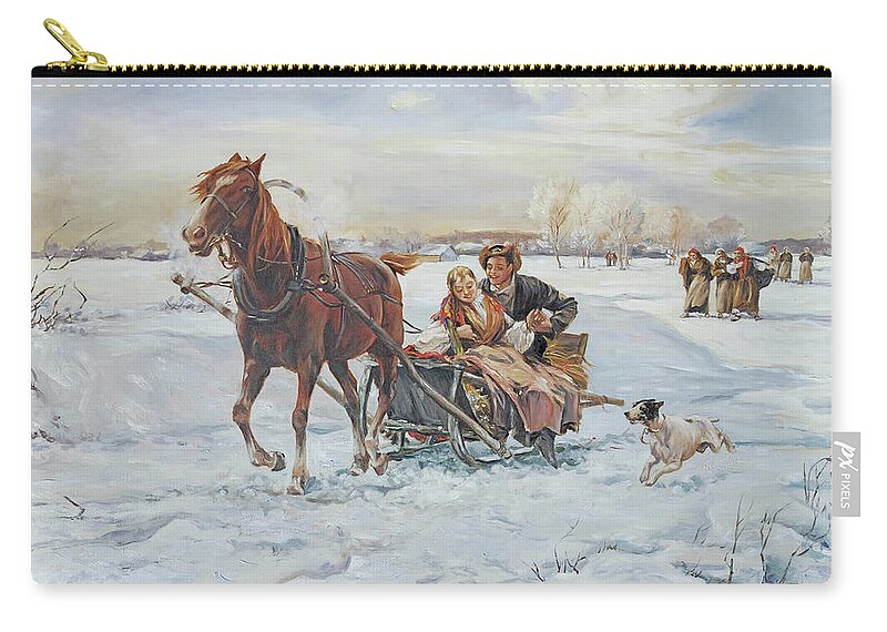 Sleigh Zip Pouch featuring the painting Happy sleigh in Ukraine by Irek Szelag