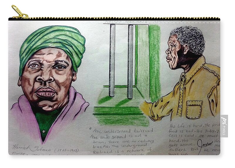 Black Art Zip Pouch featuring the drawing Harriet Tubman and Nelson Mandela by Joedee