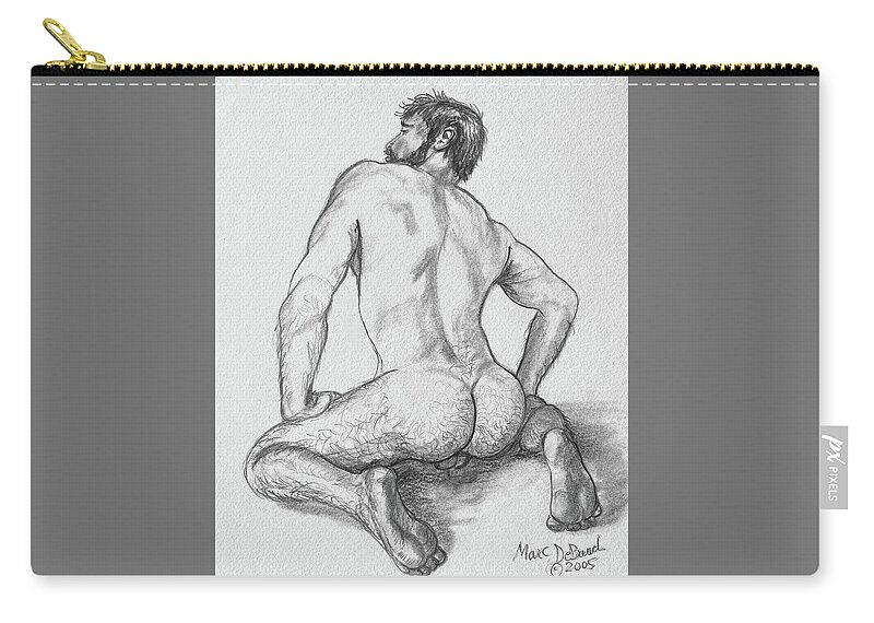 Nude Male Zip Pouch featuring the drawing Harry Bottoms by Marc DeBauch