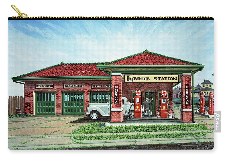Architectural Landscape Zip Pouch featuring the painting Harry Truman's Favorite Gas Station by George Lightfoot