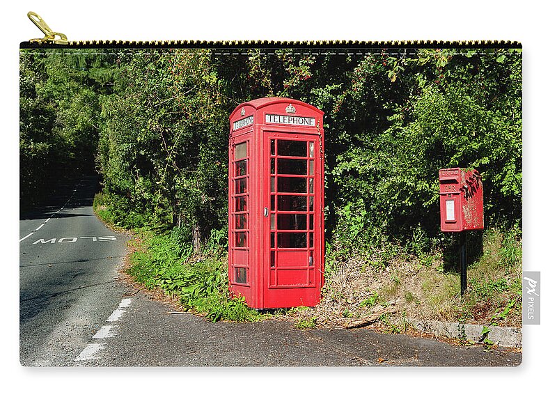 Hawkmoor Cottages Red Telephone Box Dartmoor Zip Pouch featuring the photograph Hawkmoor Cottages Red Telephone Box Dartmoor by Helen Jackson