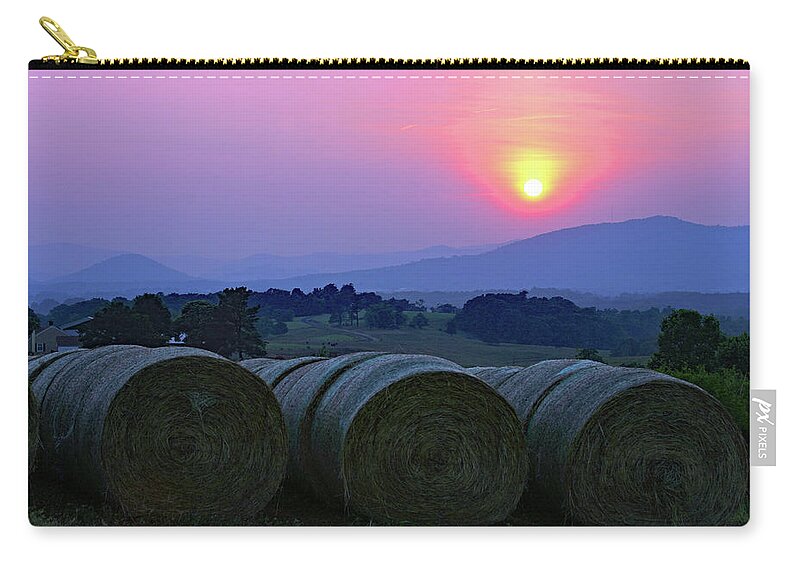 Mountain Sunset Zip Pouch featuring the photograph Hay Bales at Sunset, Bedford, VA by The James Roney Collection