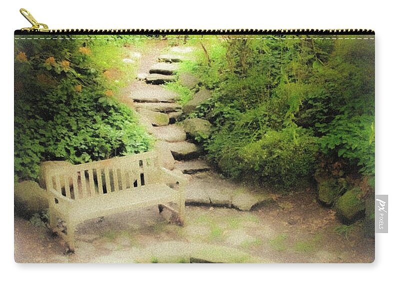 Pond Water Bench Stone Steps Fog Zip Pouch featuring the photograph Hazy Pond by John Linnemeyer