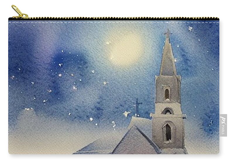 Chapel Zip Pouch featuring the painting He is Born, Christmas in New England, 2022 by Christopher Lotito