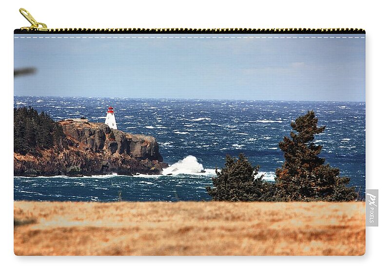 Boars Head Lighthouse The Bay Of Fundy Storm Gale Sea Ocean Waves Rocks Windy Waves Rough Petit Passage Ferry Zip Pouch featuring the photograph Head Land by David Matthews