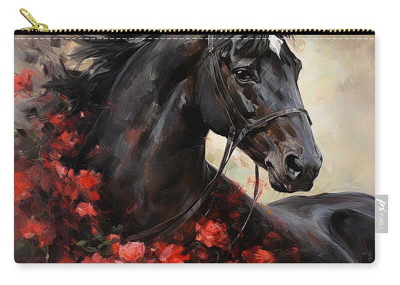 Horse With Roses Zip Pouch featuring the painting Heartbeat of the Derby - Horses and Roses Paintings by Lourry Legarde