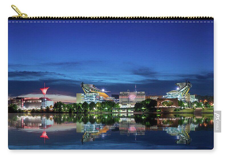 Carnegie Science Center Zip Pouch featuring the photograph Heinz Field and Carnegie Science Center at night by Steven Heap
