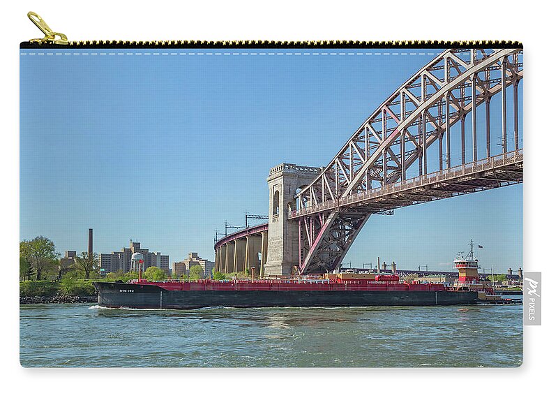 Astoria Park Zip Pouch featuring the photograph Hell Gate and Tank Barge by Cate Franklyn
