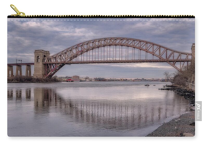 Hell Gate Bridge Zip Pouch featuring the photograph Hell Gate Bridge Arch Reflection by Cate Franklyn