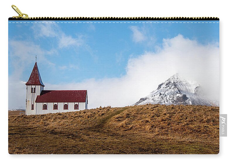 Iceland Zip Pouch featuring the photograph Hellnar church in Snaefellsnes peninsula of Western Iceland. by Michalakis Ppalis