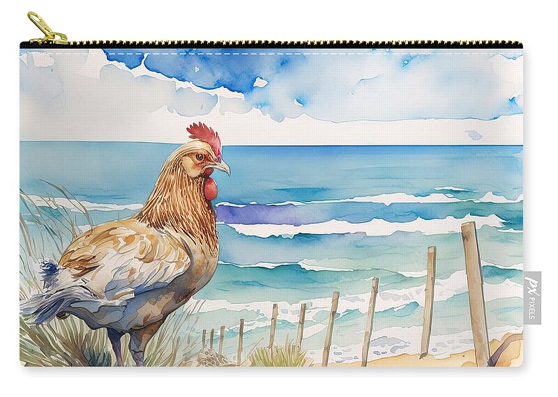 Animal Zip Pouch featuring the painting Hen At Beach by N Akkash