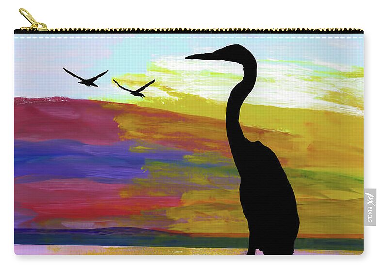 Sunset Zip Pouch featuring the painting Heron On The Lake Sunset by D Hackett