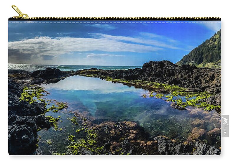 #oregon #pacificocean #pacific #blueskies #cloudy #pnw #pacificnorthwest #shore #rockyshore #tidepools #waves #reflection #panorama Zip Pouch featuring the photograph Hidden Oasis by Bryan Smedley