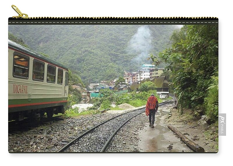 Archaeology Zip Pouch featuring the photograph Hiker Reaches Oasis of Aguas Calientes, Machu Picchu, Peru by Trevor Grassi