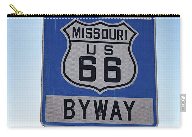 Historic Route 66 Missouri Sign Zip Pouch featuring the photograph Historic Route 66 Missouri Byway road sign by Eldon McGraw