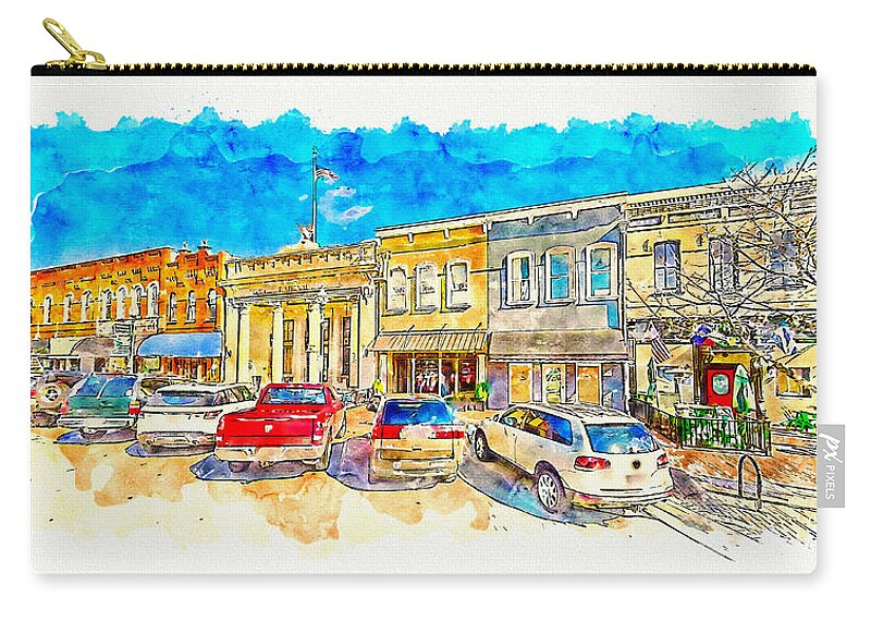 Historic Downtown Mckinney Zip Pouch featuring the digital art Historical buildings on the North Tennessee Street in downtown Mckinney, Texas by Nicko Prints