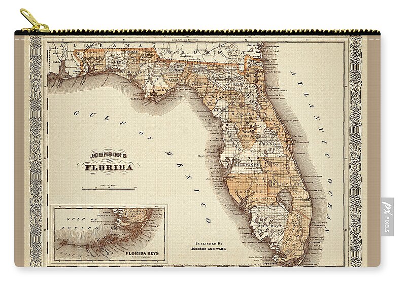 Florida Map Zip Pouch featuring the photograph Historical Map of Florida 1866 Sepia by Carol Japp