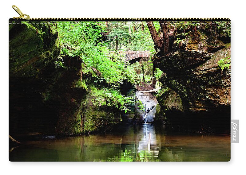 Waterfall Zip Pouch featuring the photograph Hocking Hills waterfall in the distance by Flees Photos