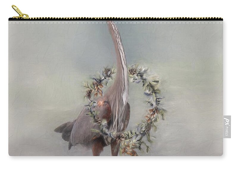 Heron With Santa Hat Zip Pouch featuring the digital art Holiday Heron by Jayne Carney