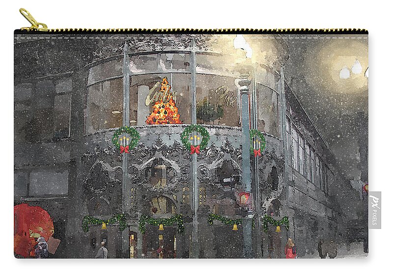 Carson Pirie Scott Zip Pouch featuring the painting Holiday Time at Carsons - State Street Chicago by Glenn Galen