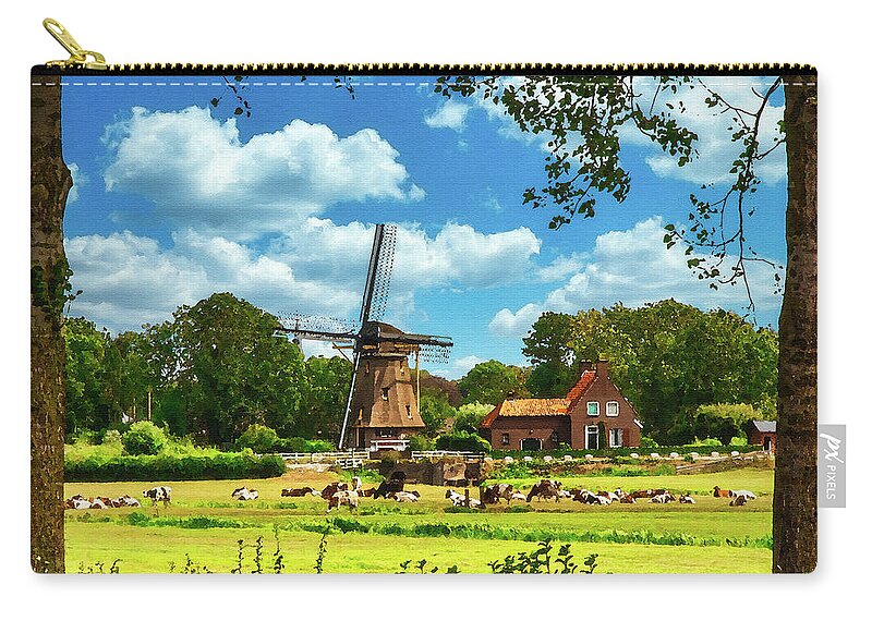 Holland Carry-all Pouch featuring the digital art Holland Dairy Farm, Watercolor on Canvas by Ron Long Ltd Photography