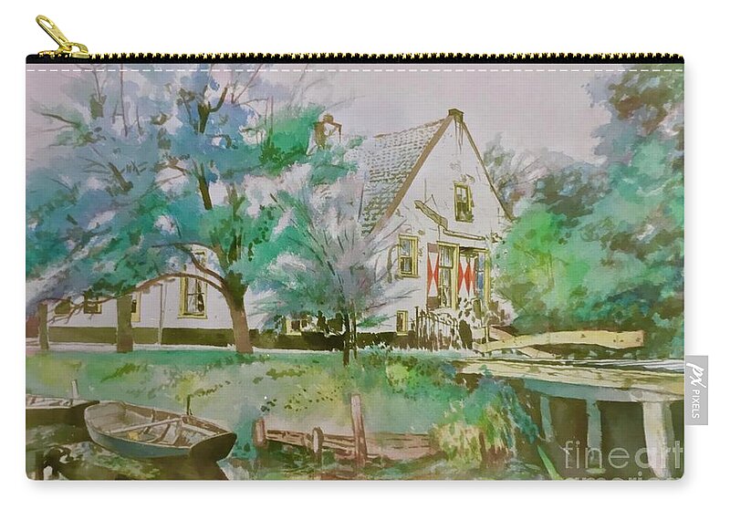 #holland #canal #tranquil #hollandtranquilcanal #watercolor #watercolorpainting #countryhouse #boats #trees #trees #glenneff $thesoundpoetsmusic #picturerockstudio #onlocationpainting Zip Pouch featuring the painting Holland Tranquil Canal by Glen Neff
