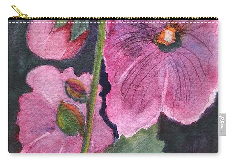 Hollyhocks Zip Pouch featuring the painting Hollyhocks by Marsha Woods