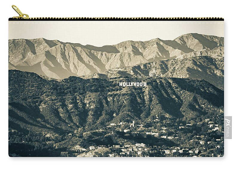Hollywood Sign Zip Pouch featuring the photograph Hollywood Hills Sign Panoramic Sepia Mountain Landscape by Gregory Ballos