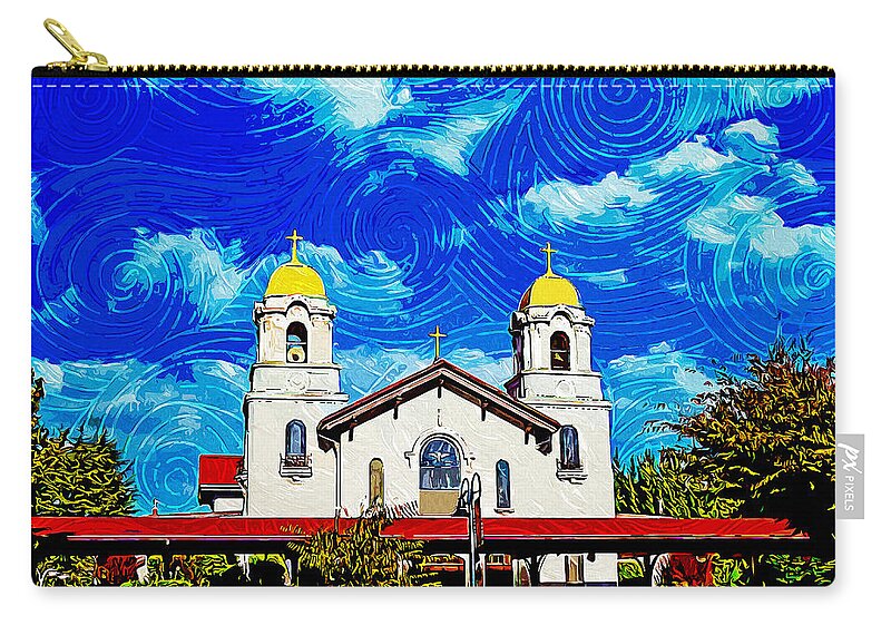 Holy Spirit Church Zip Pouch featuring the digital art Holy Spirit Church in Fremont, California - impressionist painting by Nicko Prints