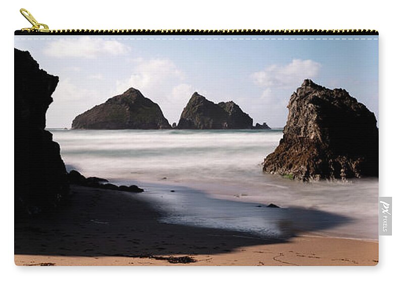 Cornwall Zip Pouch featuring the photograph Holywell Beach and Gull Rock Cornwall Coast by Sonny Ryse