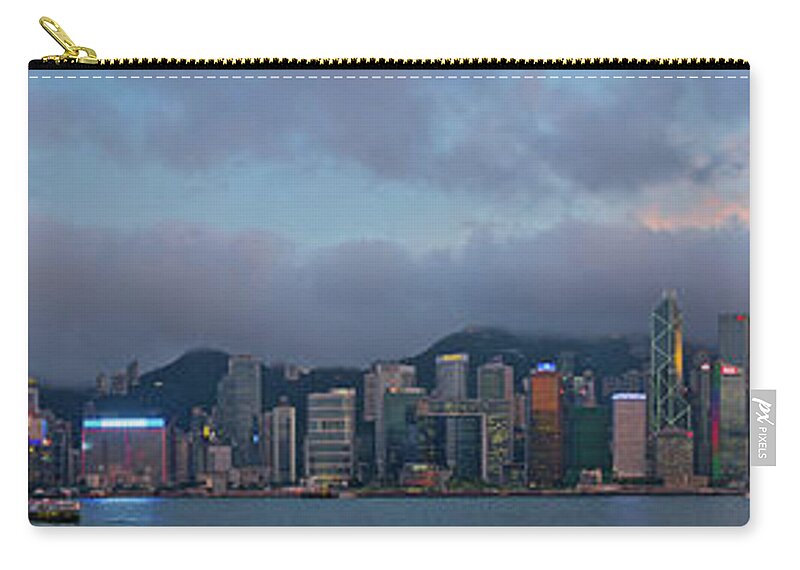 Hong Zip Pouch featuring the photograph Hong Kong Harbour Sunset Panorama by Sean Hannon