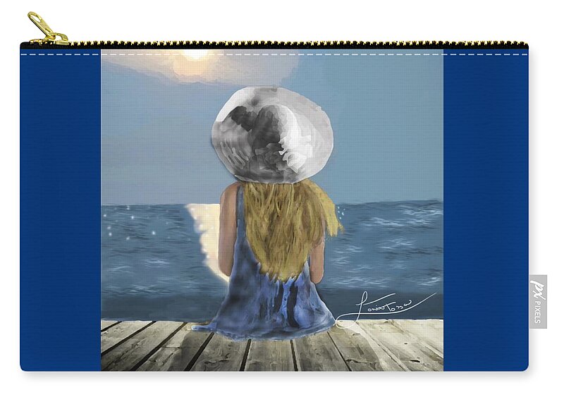 Girl Hat Sunset Dock Whimsical Sunset Ocean Waves Zip Pouch featuring the mixed media Hopes and Dreams by Lorie Fossa