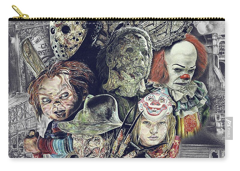 Fear Zip Pouch featuring the drawing Horror Movie Murderers by Daniel Ayala
