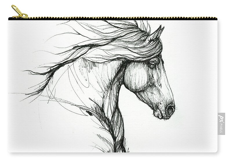 Horse Zip Pouch featuring the drawing Horse ink art 2019 09 31 by Ang El