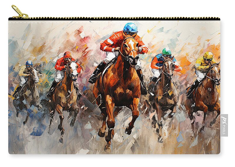 Horse Racing Zip Pouch featuring the painting Horse Racing Colorful Abstract by Lourry Legarde