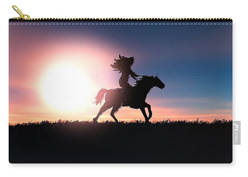 Horse Zip Pouch featuring the painting Horse Rider Sunset The West by Tony Rubino