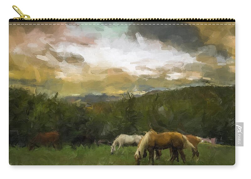 Horses Zip Pouch featuring the painting Horses Grazing by Gary Arnold