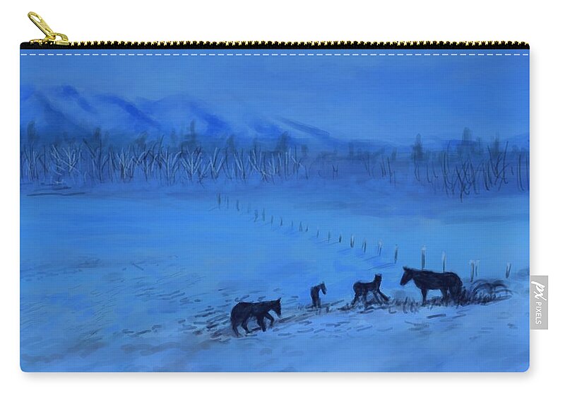 Horses Zip Pouch featuring the digital art Horses In The Snow by Larry Whitler