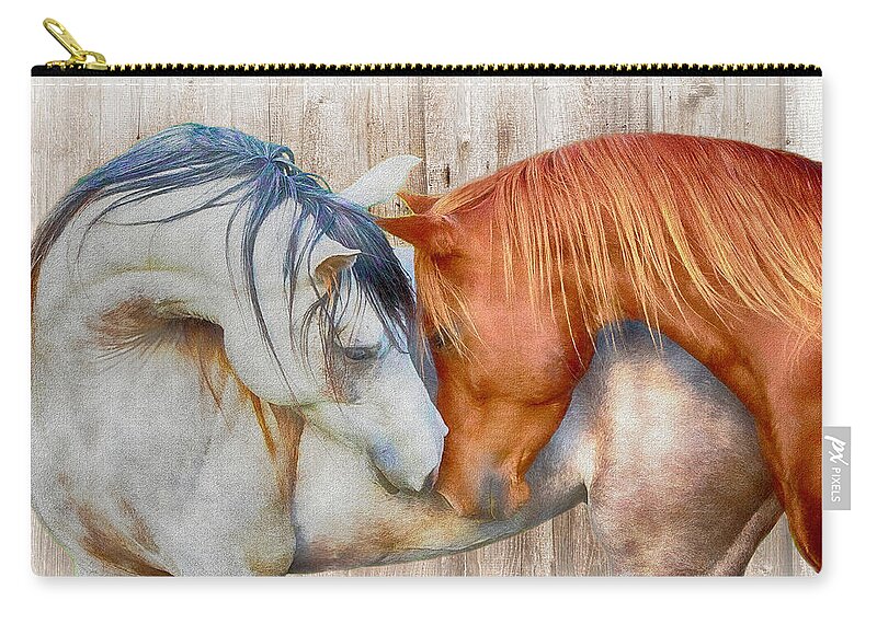 Nuzzling Horses Zip Pouch featuring the digital art Horses Nuzzling Soft Colors by Steve Ladner