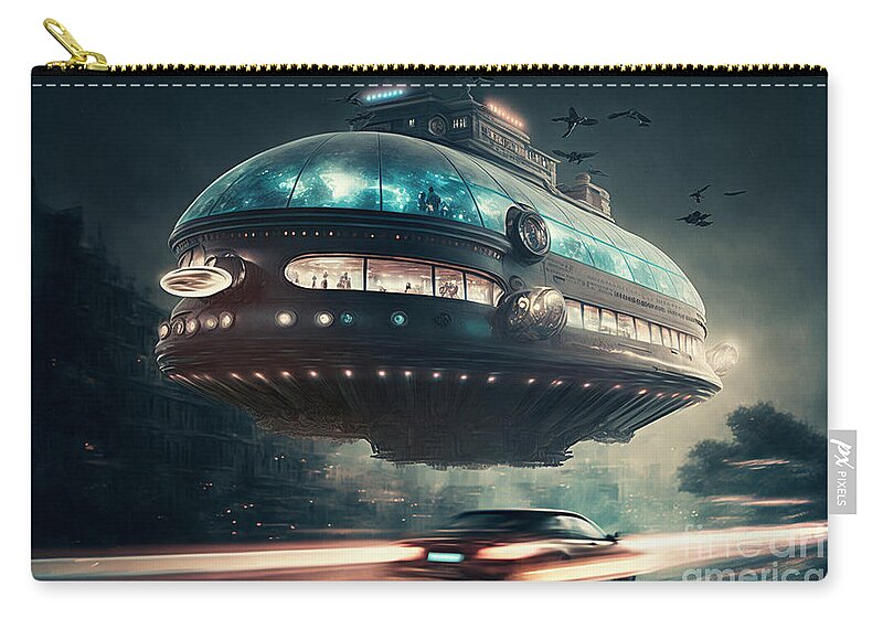 Hovering Ufo Zip Pouch featuring the mixed media Hovering UFO VIII by Jay Schankman