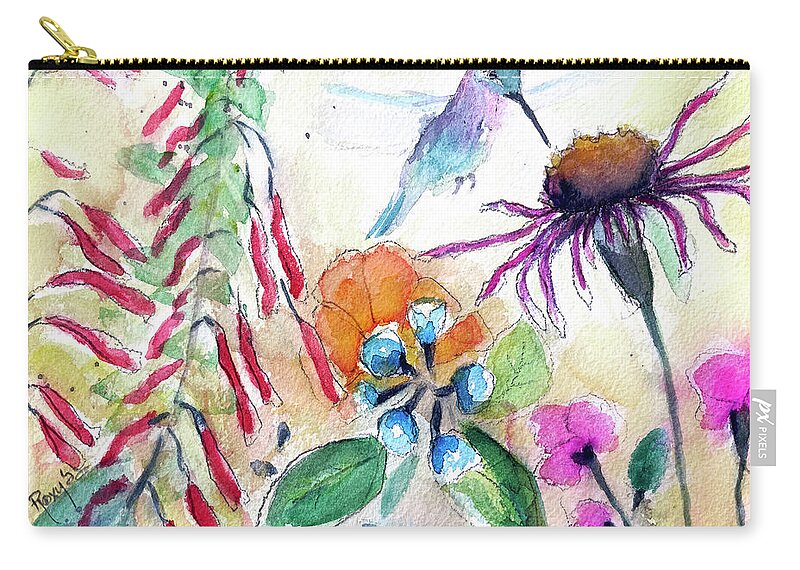 Loose Floral Zip Pouch featuring the painting Hummingbird Garden by Roxy Rich