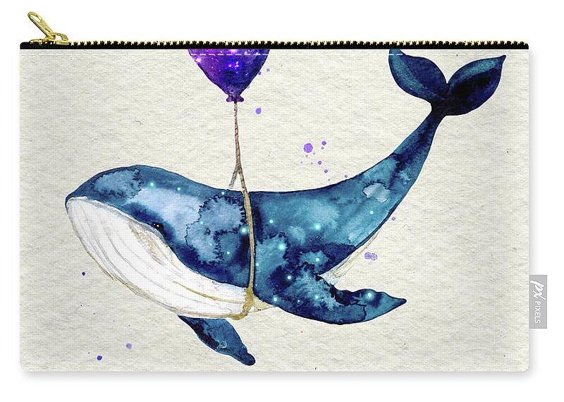 Humpback Whale Carry-all Pouch featuring the painting Humpback Whale With Purple Balloon Watercolor Painting by Garden Of Delights