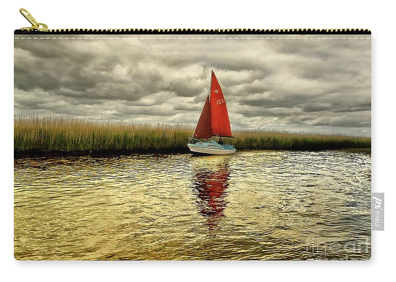 Red Blue Gold Yellow Sail Water Sailor Sailing Calm Beautiful Lake River Reeds Happy Joy Joyful Solo Single Alone Relaxing Romantic Atmospheric Solitude Clouds Colorful Color Boat Reflections Serene Solitary Tranquil Tranquillity Elements Vibrant Timeless Still Calmness Peaceful Breathtaking Mind-blowing Nature Bright Vivid Golden Patterns Surf Way Charming Relaxation Painterly Magical Sunset Dawn Delightful Serenity Cheerful Jolly Awesome Allure Seascape Simplicity Minimalism Loneliness Poetic Zip Pouch featuring the photograph Hundred shades of GOLD - RED SAIL IN GOLD WATERS by Tatiana Bogracheva