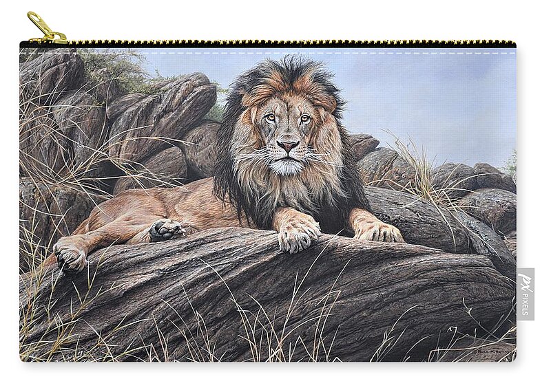 King. Lion Zip Pouch featuring the painting I am King - Lion Painting by Alan M Hunt