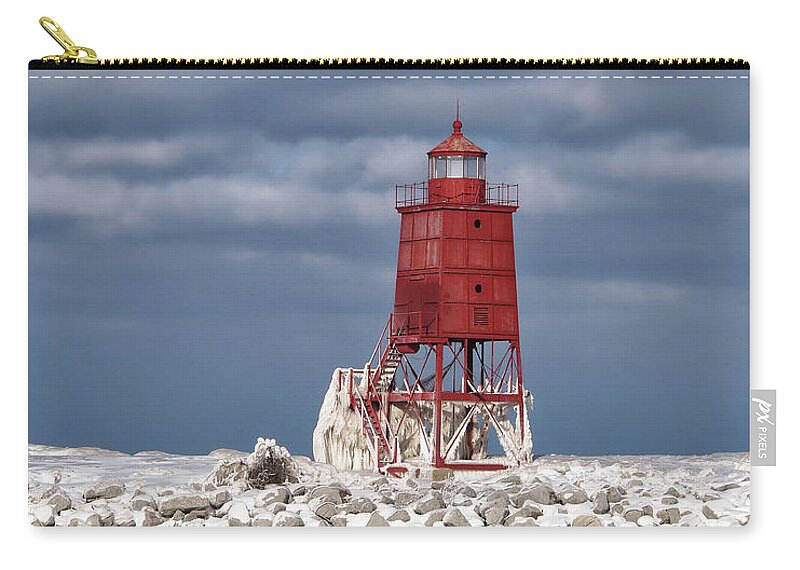 Ice Zip Pouch featuring the photograph Ice Covered Racine North Breakwater Lighthouse by Scott Olsen
