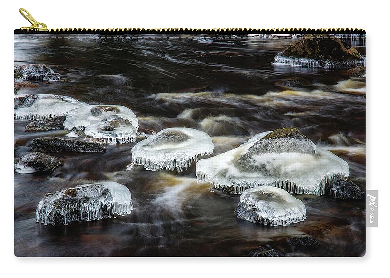 River Ice Icicles Wisconsin Big Manitou Falls Waterfall Scenic Landscape Horizontal Zip Pouch featuring the photograph Ice Crowns by Peter Herman