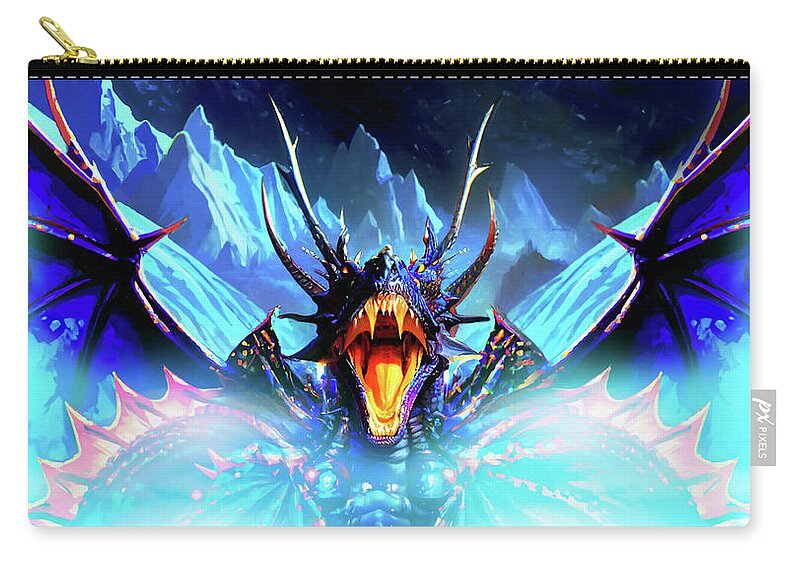 Monster Zip Pouch featuring the mixed media Ice dragon ROARS by Shawn Dall