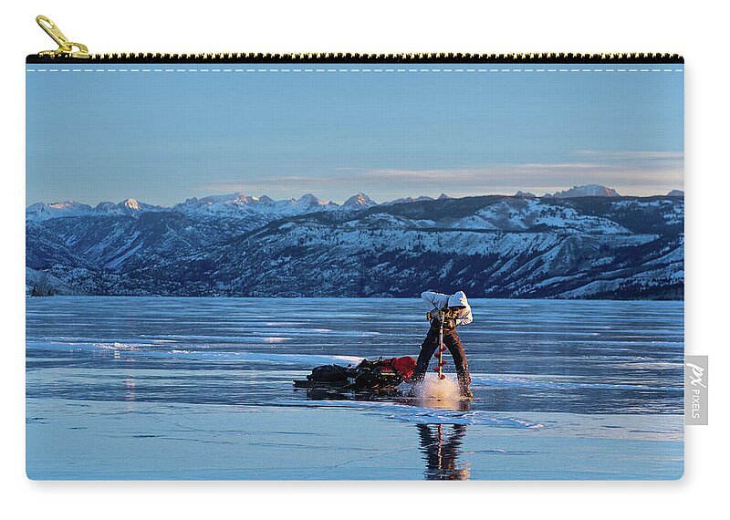 Fog Zip Pouch featuring the photograph Ice Fishing Wyoming by Julieta Belmont