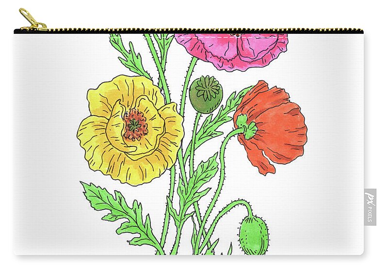 Iceland Poppies Zip Pouch featuring the painting Iceland Poppies Wildflowers Watercolor Flower Botanical Papaver Nudicaule by Irina Sztukowski